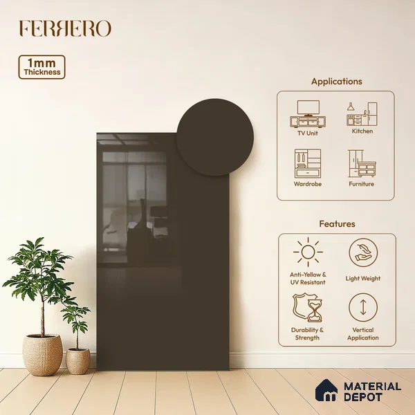 Brown Solid Colors look Ferrero 1E223 HGL Muted Taupe Brown 8 ft x 4 ft High Gloss Finish Decorative Laminate - 1 mm | Suitable for Living Room, Kitchen, Office | Matching E3 Edgeband Code - (1053)