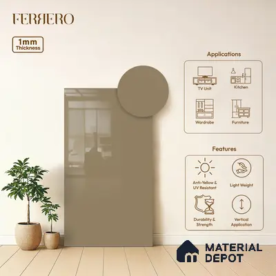 Beige Solid Colors look Ferrero 1E246 HGL Warm Taupe Beige 8 ft x 4 ft High Gloss Finish Decorative Laminate - 1 mm | Suitable for Living Room, Kitchen, Office | Matching E3 Edgeband Code - (1056)