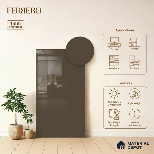 Brown Solid Colors look Ferrero 1E233 HGL Olive Toned Sand 8 ft x 4 ft High Gloss Finish Decorative Laminate - 1 mm | Suitable for Living Room, Kitchen, Office | Matching E3 Edgeband Code - (1053)