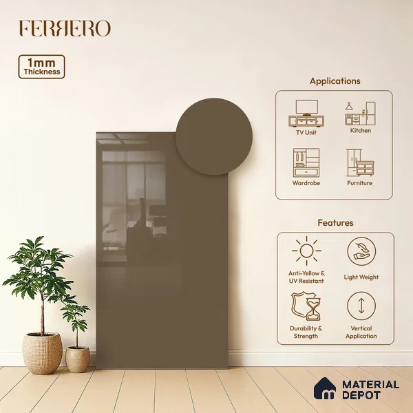 Brown Solid Colors look Ferrero 1E179 HGL Soft Warm Khaki 8 ft x 4 ft High Gloss Finish Decorative Laminate - 1 mm | Suitable for Living Room, Kitchen, Office | Matching Rehau Edgeband Code - (110228)