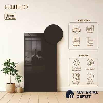 Brown Solid Colors look Ferrero 1E185 HGL Deep Charcoal Brown 8 ft x 4 ft High Gloss Finish Decorative Laminate - 1 mm | Suitable for Living Room, Kitchen, Office | Matching Prism Edgeband Code - (10109 SHGL)