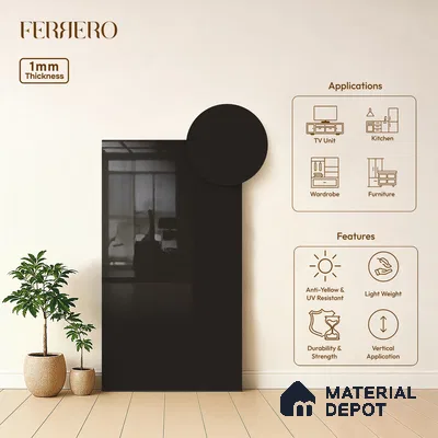 Grey Solid Colors look Ferrero 1E168 HGL Dark Espresso Grey 8 ft x 4 ft High Gloss Finish Decorative Laminate - 1 mm | Suitable for Living Room, Kitchen, Office | Matching Prism Edgeband Code - (10146 SHGL)