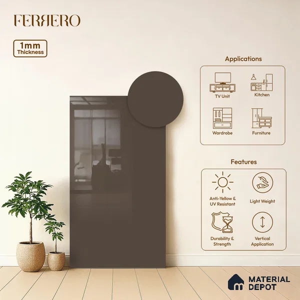 Brown Solid Colors look Ferrero 1E218 HGL Mocha Taupe Grey 8 ft x 4 ft High Gloss Finish Decorative Laminate - 1 mm | Suitable for Living Room, Kitchen, Office | Matching E3 Edgeband Code - (1053)