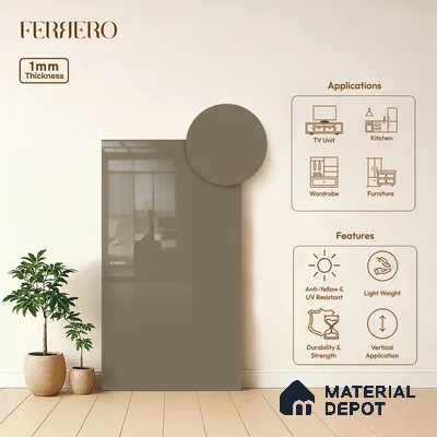 Grey Solid Colors look Ferrero 1E232 HGL Soft Greige Mist 8 ft x 4 ft High Gloss Finish Decorative Laminate - 1 mm | Suitable for Living Room, Kitchen, Office | Matching Prism Edgeband Code - (10140)