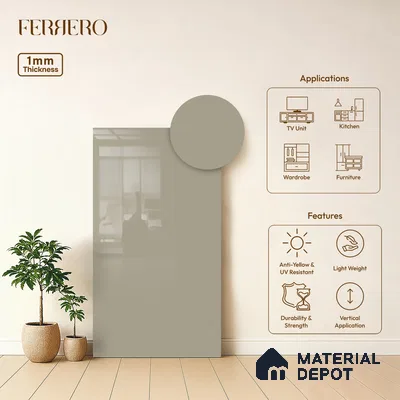 Grey Solid Colors look Ferrero 1E162 HGL Frosted Silver Grey 8 ft x 4 ft High Gloss Finish Decorative Laminate - 1 mm | Suitable for Living Room, Kitchen, Office | Matching E3 Edgeband Code - (1054 HG)