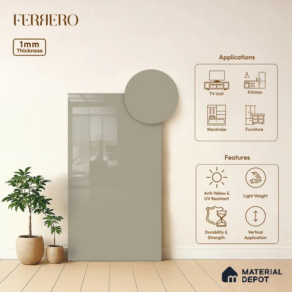 Grey Solid Colors look Ferrero 1E162 HGL Frosted Silver Grey 8 ft x 4 ft High Gloss Finish Decorative Laminate - 1 mm | Suitable for Living Room, Kitchen, Office | Matching E3 Edgeband Code - (1054 HG)