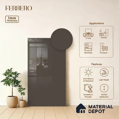 Grey Solid Colors look Ferrero 1E219 HGL Deep Slate Grey 8 ft x 4 ft High Gloss Finish Decorative Laminate - 1 mm | Suitable for Living Room, Kitchen, Office | Matching E3 Edgeband Code - (1049 HG)