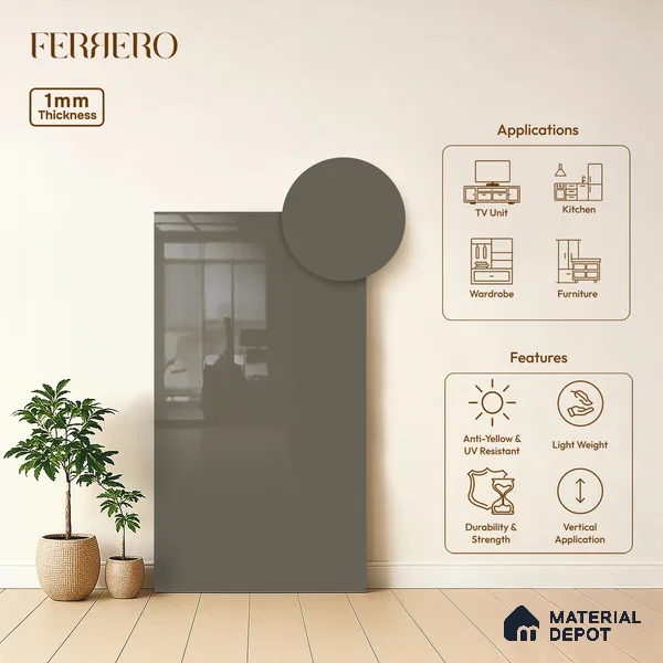 Grey Solid Colors look Ferrero 1E238 HGL Warm Stone Grey 8 ft x 4 ft High Gloss Finish Decorative Laminate - 1 mm | Suitable for Living Room, Kitchen, Office | Matching E3 Edgeband Code - (1019 HG)