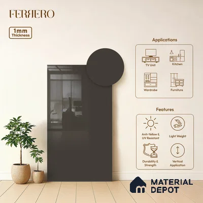 Grey Solid Colors look Ferrero 1E242 HGL Charcoal Ash Grey 8 ft x 4 ft High Gloss Finish Decorative Laminate - 1 mm | Suitable for Living Room, Kitchen, Office | Matching E3 Edgeband Code - (1049)