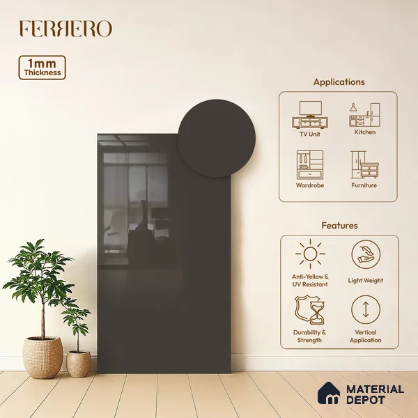 Grey Solid Colors look Ferrero 1E242 HGL Charcoal Ash Grey 8 ft x 4 ft High Gloss Finish Decorative Laminate - 1 mm | Suitable for Living Room, Kitchen, Office | Matching E3 Edgeband Code - (1049)