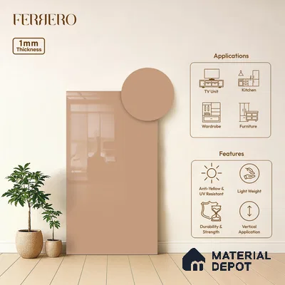 Orange Solid Colors look Ferrero 1E234 HGL Soft Peach Pink 8 ft x 4 ft High Gloss Finish Decorative Laminate - 1 mm | Suitable for Living Room, Kitchen, Office | Matching E3 Edgeband Code - (1060 HG)
