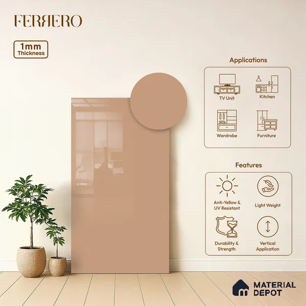 Orange Solid Colors look Ferrero 1E234 HGL Soft Peach Pink 8 ft x 4 ft High Gloss Finish Decorative Laminate - 1 mm | Suitable for Living Room, Kitchen, Office | Matching E3 Edgeband Code - (1060 HG)