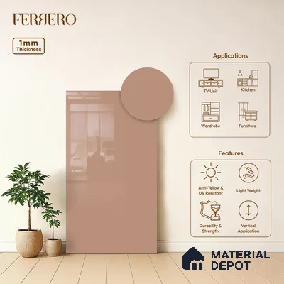 Pink Solid Colors look Ferrero 1E235 HGL Dusty Mauve Pink 8 ft x 4 ft High Gloss Finish Decorative Laminate - 1 mm | Suitable for Living Room, Kitchen, Office | Matching Prism Edgeband Code - (10143 SHGL)