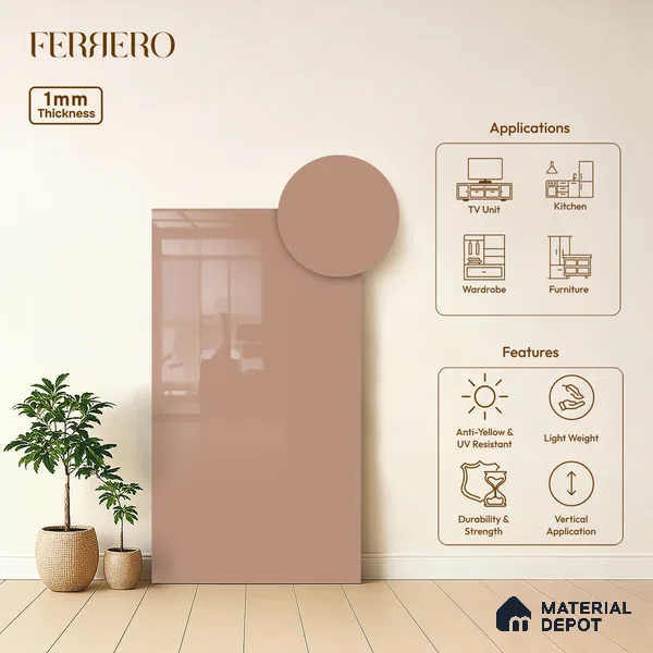 Pink Solid Colors look Ferrero 1E235 HGL Dusty Mauve Pink 8 ft x 4 ft High Gloss Finish Decorative Laminate - 1 mm | Suitable for Living Room, Kitchen, Office | Matching Prism Edgeband Code - (10143 SHGL)
