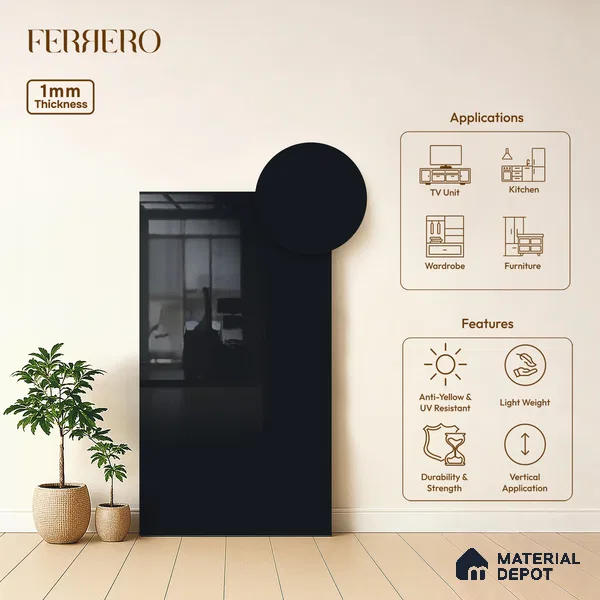 Black Solid Colors look Ferrero 1E184 HGL Deep Midnight Blue 8 ft x 4 ft High Gloss Finish Decorative Laminate - 1 mm | Suitable for Living Room, Kitchen, Office | Matching Prism Edgeband Code - (10207 SHGL)