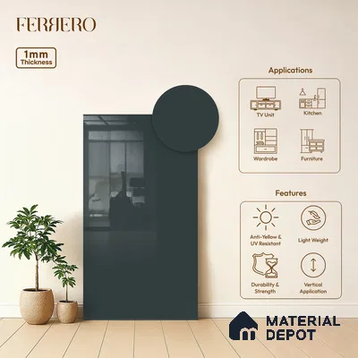 Blue Solid Colors look Ferrero 1E199 HGL Stormy Steel Blue 8 ft x 4 ft High Gloss Finish Decorative Laminate - 1 mm | Suitable for Living Room, Kitchen, Office | Matching E3 Edgeband Code - (1040 HG)
