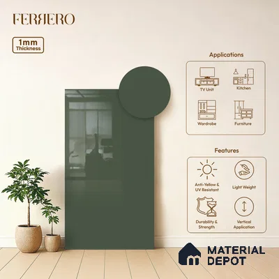 Green Solid Colors look Ferrero 1E236 HGL Teal Green 8 ft x 4 ft High Gloss Finish Decorative Laminate - 1 mm | Suitable for Living Room, Kitchen, Office | Matching Prism Edgeband Code - (10115)