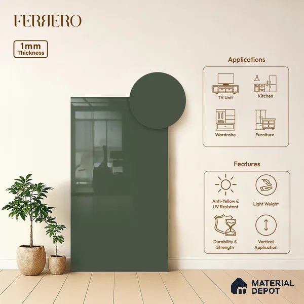Green Solid Colors look Ferrero 1E236 HGL Teal Green 8 ft x 4 ft High Gloss Finish Decorative Laminate - 1 mm | Suitable for Living Room, Kitchen, Office | Matching Prism Edgeband Code - (10115)