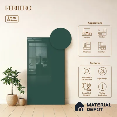 Green Solid Colors look Ferrero 1E237 HGL Rich Teal Blue 8 ft x 4 ft High Gloss Finish Decorative Laminate - 1 mm | Suitable for Living Room, Kitchen, Office | Matching Prism Edgeband Code - (10173)
