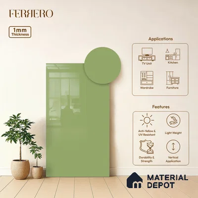 Green Solid Colors look Ferrero 1E243 HGL Spring Green 8 ft x 4 ft High Gloss Finish Decorative Laminate - 1 mm | Suitable for Living Room, Kitchen, Office | Matching E3 Edgeband Code - (1018)