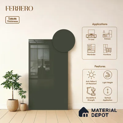 Green Solid Colors look Ferrero 1E194 HGL Grey Green 8 ft x 4 ft High Gloss Finish Decorative Laminate - 1 mm | Suitable for Living Room, Kitchen, Office | Matching Prism Edgeband Code - (10115)