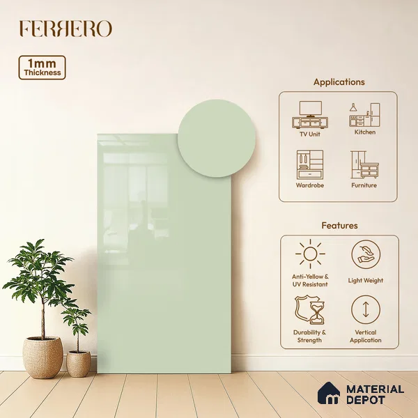 Blue Solid Colors look Ferrero 1E172 HGL Frosted Mint 8 ft x 4 ft High Gloss Finish Decorative Laminate - 1 mm | Suitable for Living Room, Kitchen, Office | Matching E3 Edgeband Code - (1028)