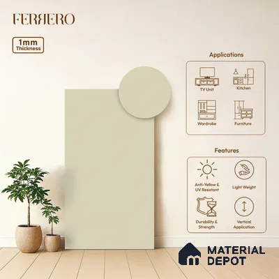 Beige Solid Colors look Ferrero 1E102 SF Soft Warm White 8 ft x 4 ft Suede Finish Decorative Laminate - 1 mm | Suitable for Living Room, Kitchen, Office | Matching E3 Edgeband Code - (1103)