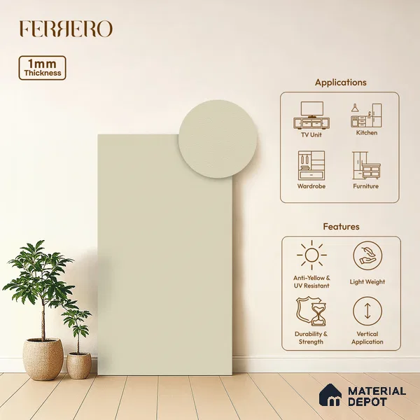 Beige Solid Colors look Ferrero 1E102 SF Soft Warm White 8 ft x 4 ft Suede Finish Decorative Laminate - 1 mm | Suitable for Living Room, Kitchen, Office | Matching E3 Edgeband Code - (1103)