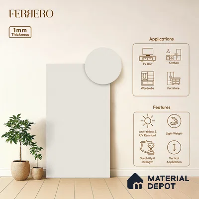 Beige Solid Colors look Ferrero 1E101 SF Frosted Snow White 8 ft x 4 ft Suede Finish Decorative Laminate - 1 mm | Suitable for Living Room, Kitchen, Office | Matching Prism Edgeband Code - (10101)