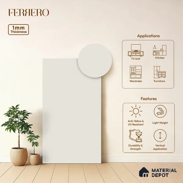 Beige Solid Colors look Ferrero 1E101 SF Frosted Snow White 8 ft x 4 ft Suede Finish Decorative Laminate - 1 mm | Suitable for Living Room, Kitchen, Office | Matching Prism Edgeband Code - (10101)