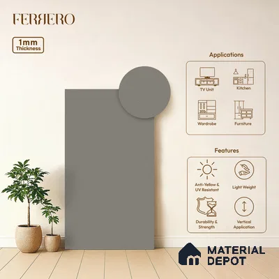 Grey Solid Colors look Ferrero 1E160 SF Soft Dove Grey 8 ft x 4 ft Suede Finish Decorative Laminate - 1 mm | Suitable for Living Room, Kitchen, Office | Matching E3 Edgeband Code - (1051)