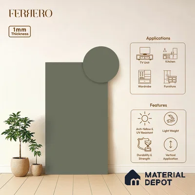 Green Solid Colors look Ferrero 1E228 SF Muted Sage Blue 8 ft x 4 ft Suede Finish Decorative Laminate - 1 mm | Suitable for Living Room, Kitchen, Office | Matching Prism Edgeband Code - (10115)