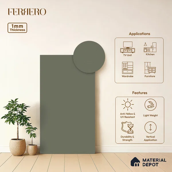 Green Solid Colors look Ferrero 1E228 SF Muted Sage Blue 8 ft x 4 ft Suede Finish Decorative Laminate - 1 mm | Suitable for Living Room, Kitchen, Office | Matching Prism Edgeband Code - (10115)