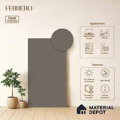 Grey Solid Colors look Ferrero 1E227 SF Neutral Stone Grey 8 ft x 4 ft Suede Finish Decorative Laminate - 1 mm | Suitable for Living Room, Kitchen, Office | Matching E3 Edgeband Code - (1051)