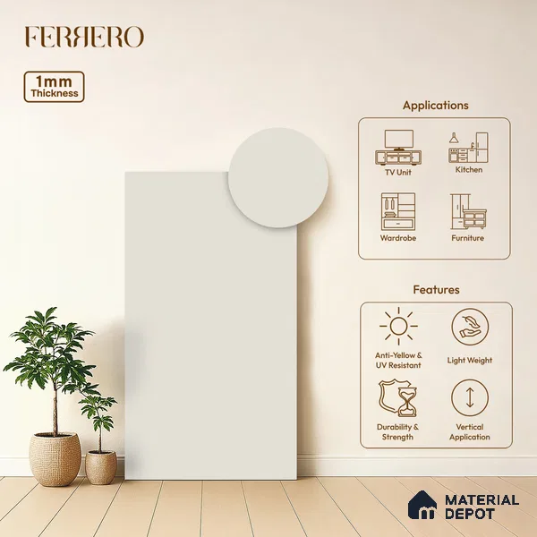 White Solid Colors look Ferrero 1E101 SMT Bright Arctic White 8 ft x 4 ft Satin Matt Finish Decorative Laminate - 1 mm | Suitable for Living Room, Kitchen, Office | Matching E3 Edgeband Code - (1001)
