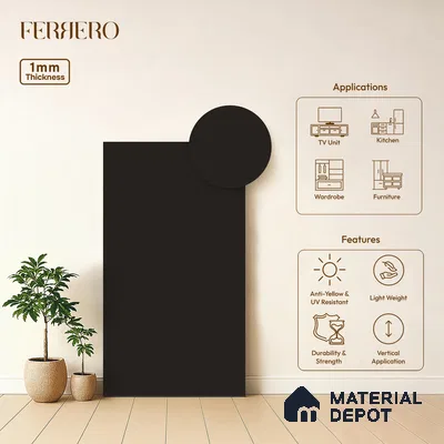 Brown Solid Colors look Ferrero 1E168 SMT Deep Espresso Grey 8 ft x 4 ft Satin Matt Finish Decorative Laminate - 1 mm | Suitable for Living Room, Kitchen, Office | Matching Rehau Edgeband Code - (757)
