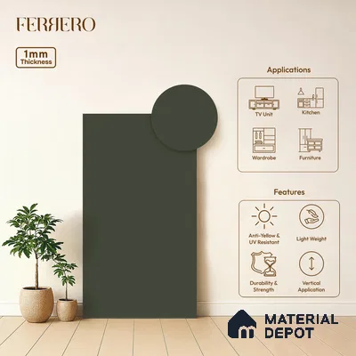 Green Solid Colors look Ferrero 1E194 SMT Ash Green 8 ft x 4 ft Satin Matt Finish Decorative Laminate - 1 mm | Suitable for Living Room, Kitchen, Office | Matching Prism Edgeband Code - (10115)