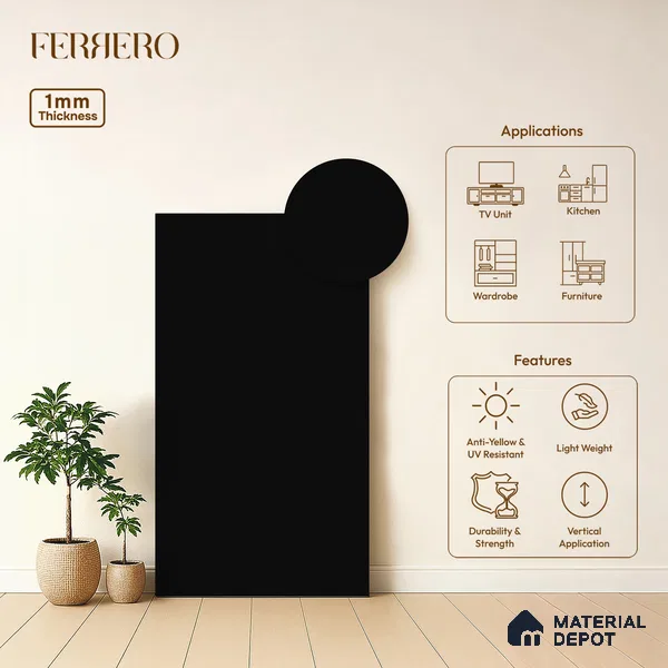 Black Solid Colors look Ferrero 1E190 SMT Midnight Charcoal 8 ft x 4 ft Satin Matt Finish Decorative Laminate - mm | Suitable for Living Room, Kitchen, Office | Matching Prism Edgeband Code - (10110 SHGL)
