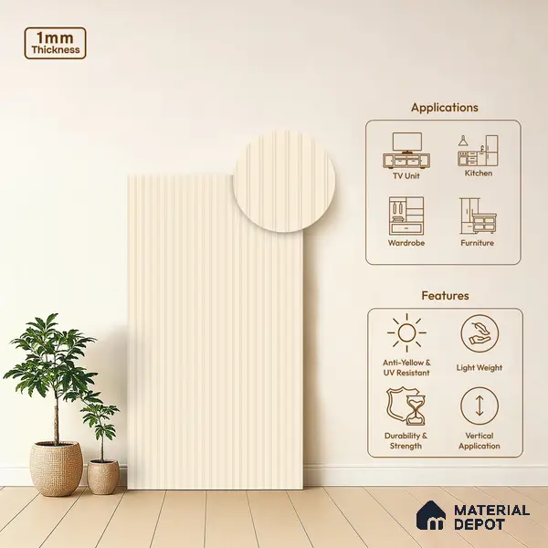 Warm White Beige Fluted Solid Color LM 01857 8 ft x 4 ft Matte Finish Decorative Laminate - 1 mm | Suitable for TV Unit,Wardrobe, Kitchen Cabinets