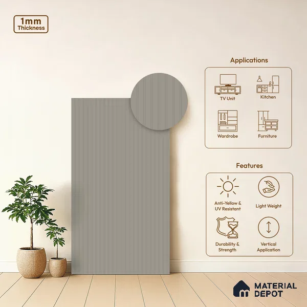 Ash Grey Fluted Solid Color LM 01860 8 ft x 4 ft Matte Finish Decorative Laminate - 1 mm | Suitable for TV Unit,Wardrobe, Kitchen Cabinets