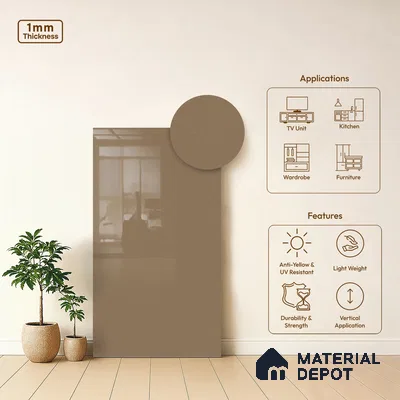 Champagne Brown Solid Colors Look LM 01934 8 ft x 4 ft Glossy Finish Decorative Laminate - 1 mm | Suitable for Living Room, Kitchen, Office