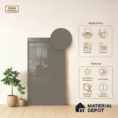Ash Grey Metallic Solid Colors Look LM 01937 8 ft x 4 ft Glossy Finish Decorative Laminate - 1 mm | Suitable for Living Room, Kitchen, Office