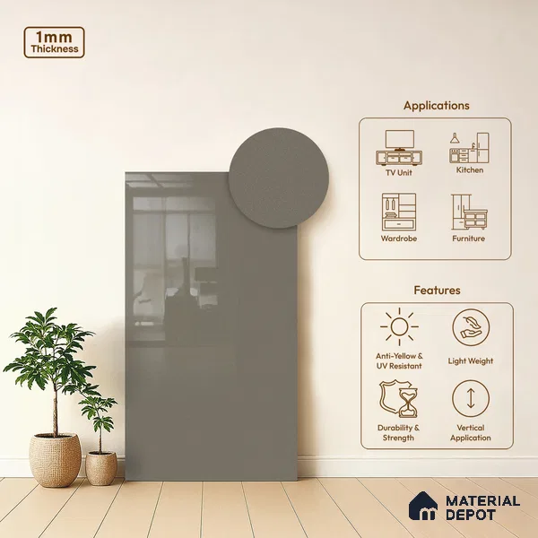 Ash Grey Metallic Solid Colors Look LM 01937 8 ft x 4 ft Glossy Finish Decorative Laminate - 1 mm | Suitable for Living Room, Kitchen, Office