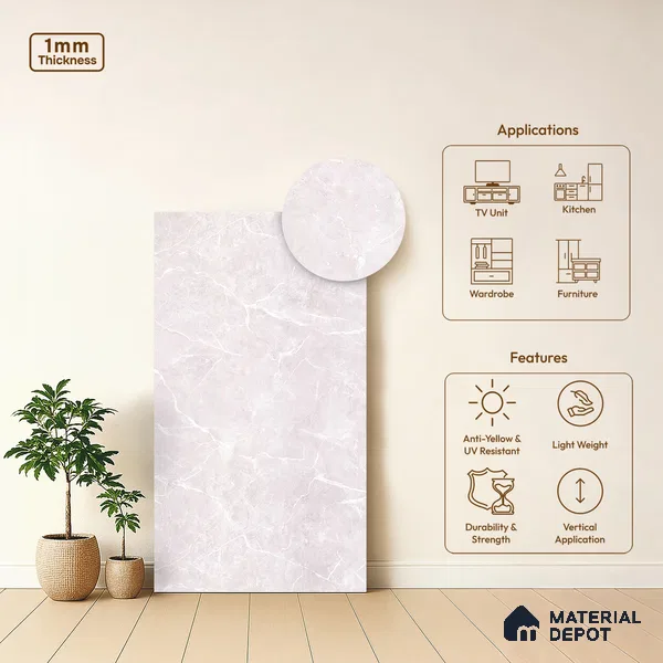 Grey Marble Look LM 10853 8 ft x 4 ft Matte Finish Decorative Laminate - 1 mm | Suitable for TV Unit, Wardrobe, Kitchen Cabinets
