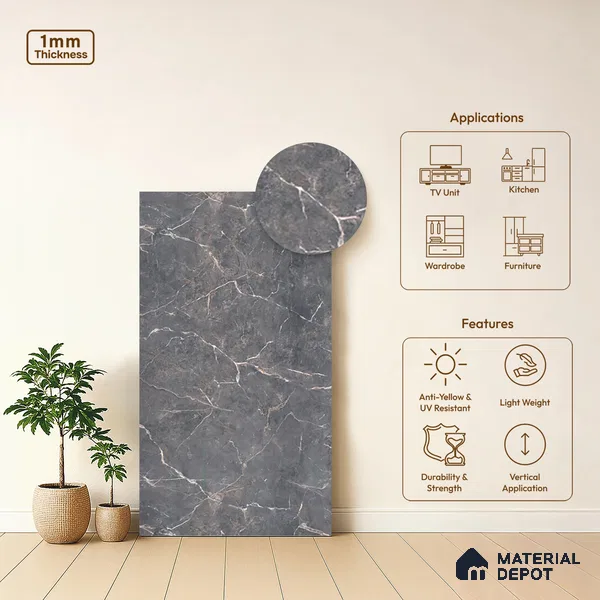 Grey Marble Look LM 10854 8 ft x 4 ft Matte Finish Decorative Laminate - 1 mm | Suitable for TV Unit, Wardrobe, Kitchen Cabinets