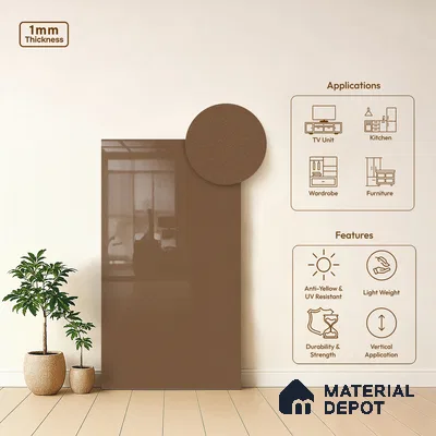 Chocolate Brown Solid Colors Look LM 10865 8 ft x 4 ft Glossy Finish Decorative Laminate - 1 mm | Suitable for Living Room, Kitchen, Office