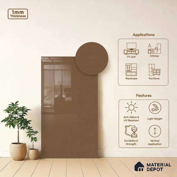 Chocolate Brown Solid Colors Look LM 10865 8 ft x 4 ft Glossy Finish Decorative Laminate - 1 mm | Suitable for Living Room, Kitchen, Office