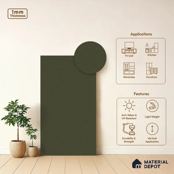 Green Textured Solid Look LM 10867 8 ft x 4 ft Texture Finish Decorative Laminate - 1 mm | Suitable for TV Unit, Wardrobe, Kitchen Cabinets