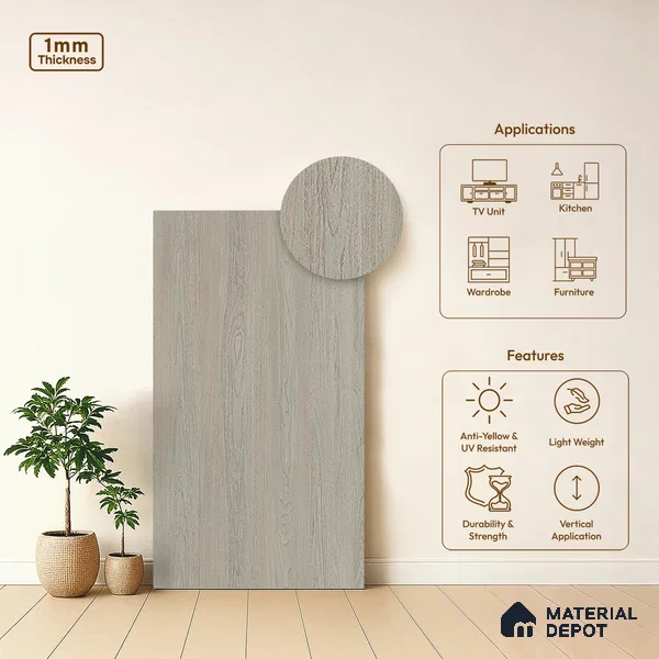 Wooden Look LM 10874 Smoked Binca Pecan 8 ft x 4 ft Texture Finish Decorative Laminate - 1 mm | Suitable for TV Unit, Wardrobe, Kitchen Cabinets
