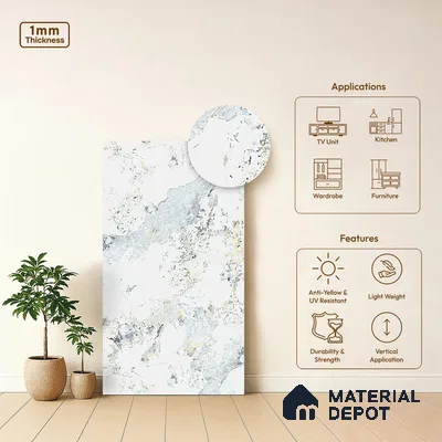 White Marble Look LM 10878 8 ft x 4 ft Texture Finish Decorative Laminate - 1 mm | Suitable for TV Unit, Wardrobe, Kitchen Cabinets